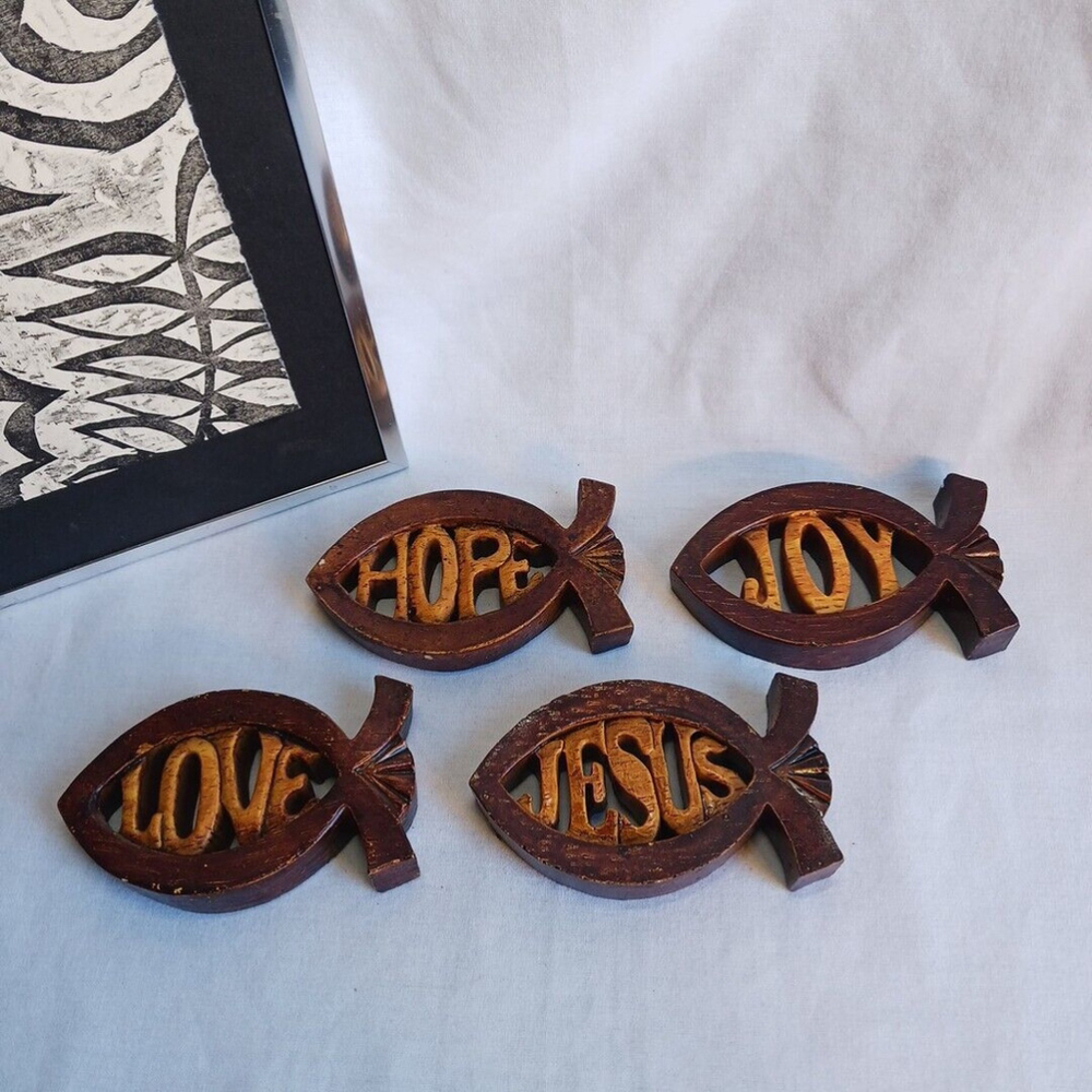 Vintage ICHTHUS Fish Jesus Symbol Set of 4